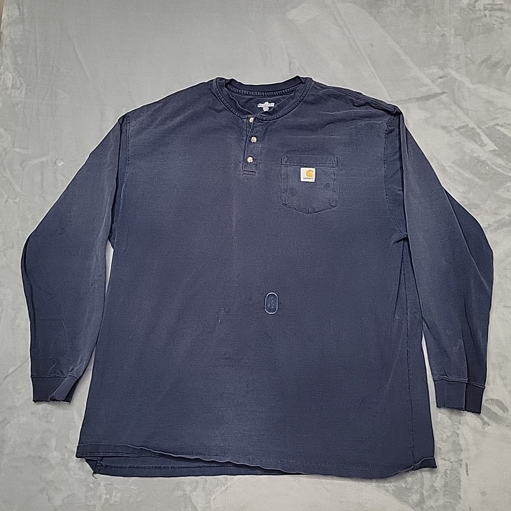 Carhartt Shirt Mens 2XL Navy Distressed Faded Workwear Henley Long Sleeve K128